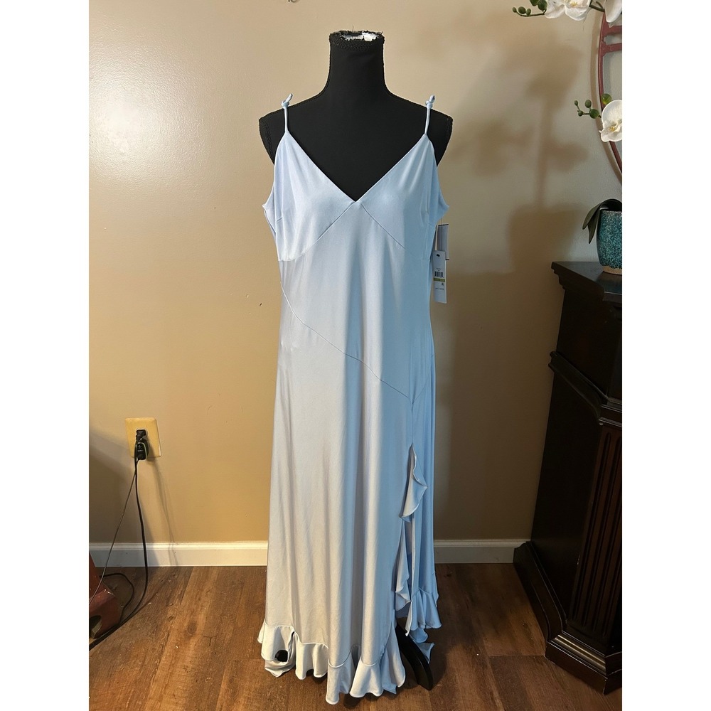 DKNY Womens Light Blue Satin Ruffle Hem Maxi Dress V-Neck Sleeveless Size 14 NWT